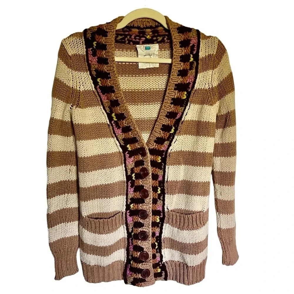 Anthropologie Sparrow Beige Striped Cardigan Size‎ Small